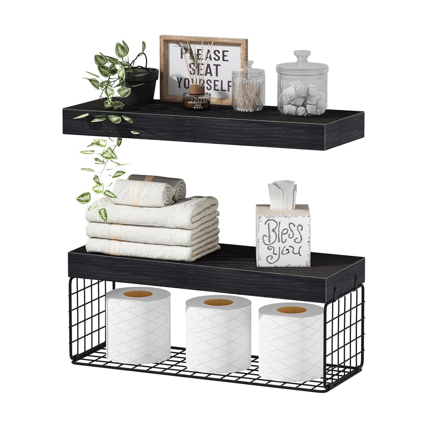 QEEIG Bathroom Shelves Over Toilet - Wall Mounted Floating Shelves Toilet Paper Storage Small Farmhouse Decor Shelf 16
