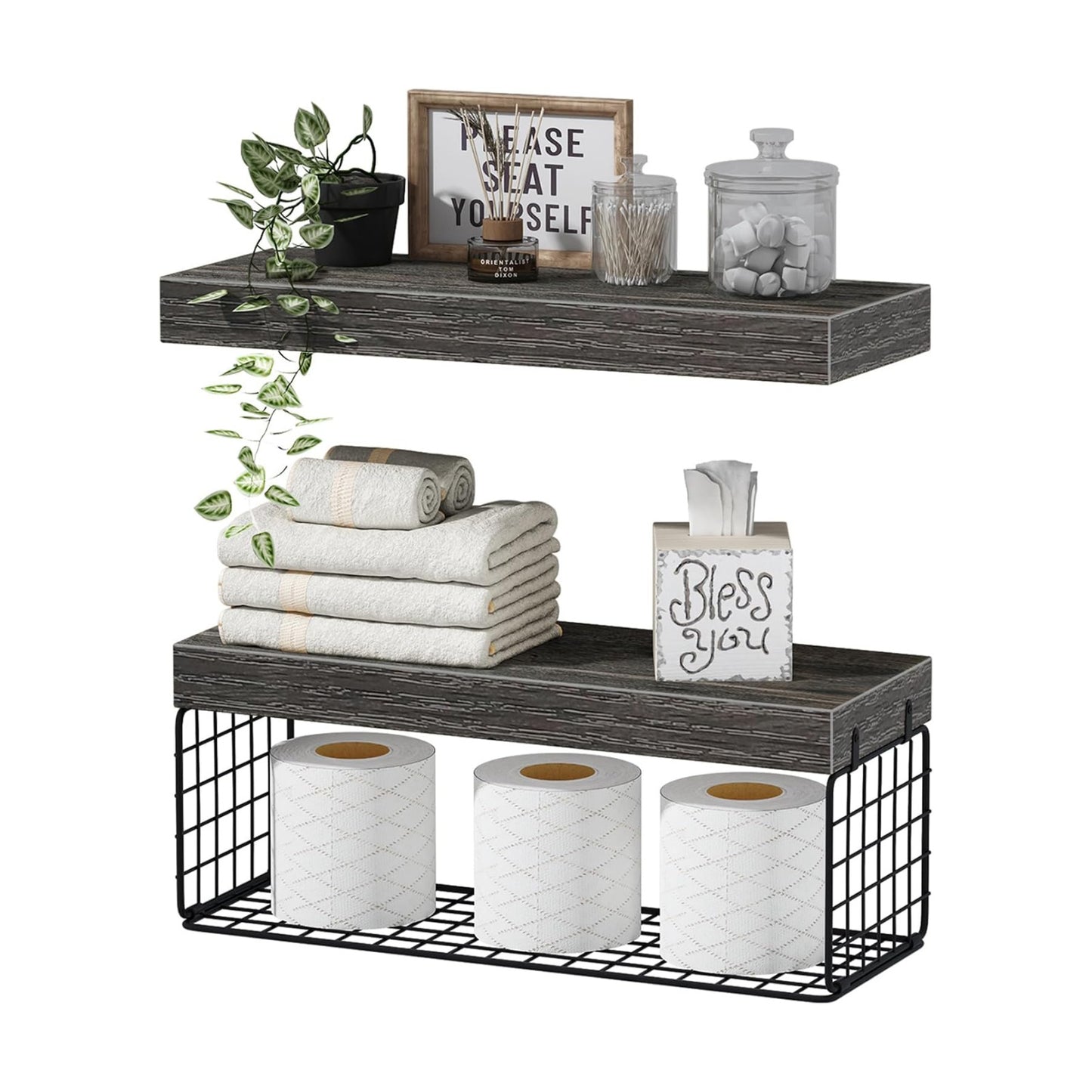 QEEIG Bathroom Shelves Over Toilet - Wall Mounted Floating Shelves Toilet Paper Storage Small Farmhouse Decor Shelf 16