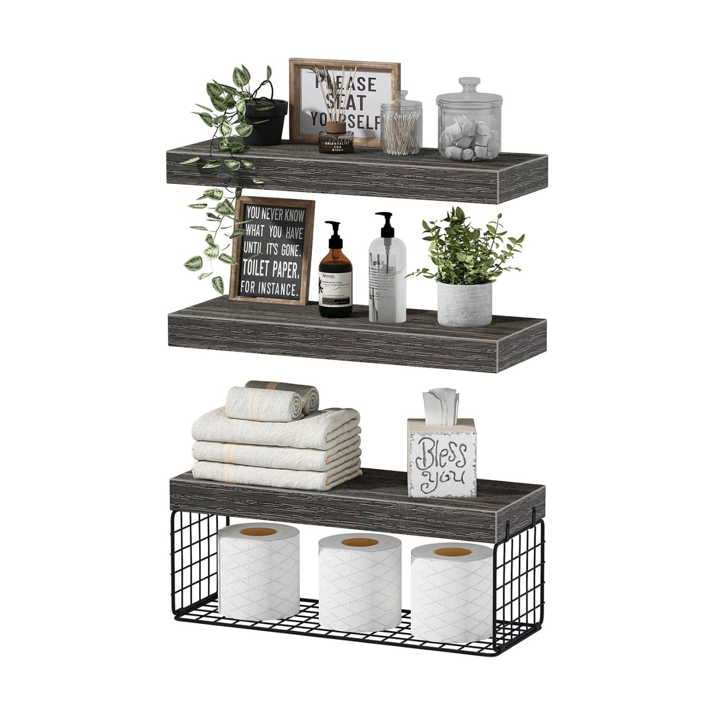 QEEIG Bathroom Shelves Over Toilet - Wall Mounted Floating Shelves Toilet Paper Storage Small Farmhouse Decor Shelf 16