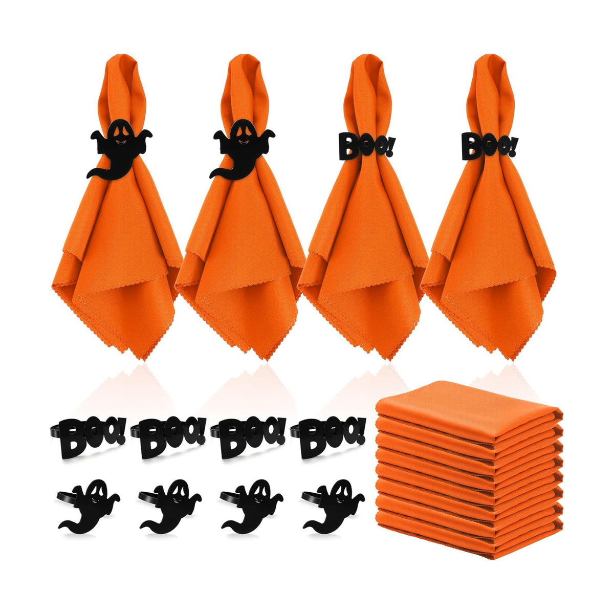 Bokon 8 Pack Halloween Napkin Ring Set, Ghost, Orange