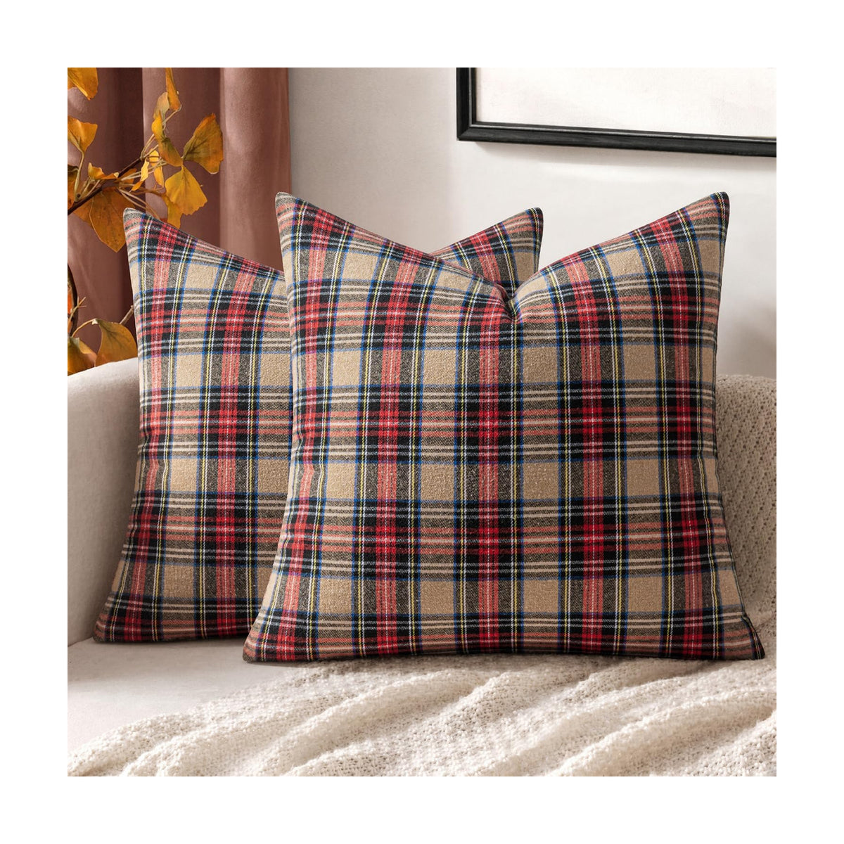 MIULEE Fall Plaid Pillow Covers Scottish Tartan 18x18 Khaki