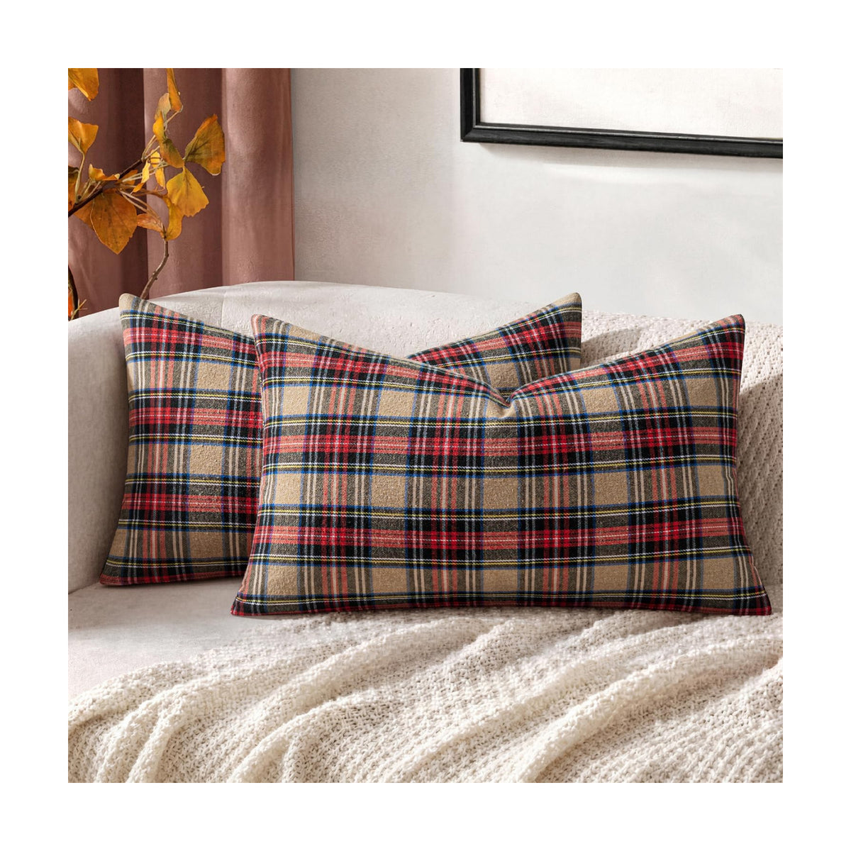 MIULEE Fall Plaid Pillow Covers Scottish Tartan 12x20 Khaki