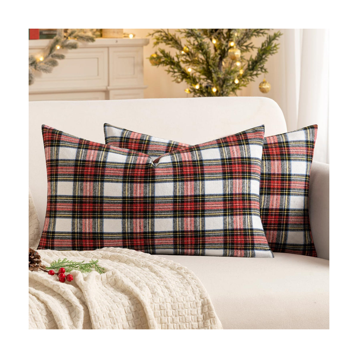 MIULEE Christmas Plaid Pillow Covers Scottish Tartan 12x20 Red and White