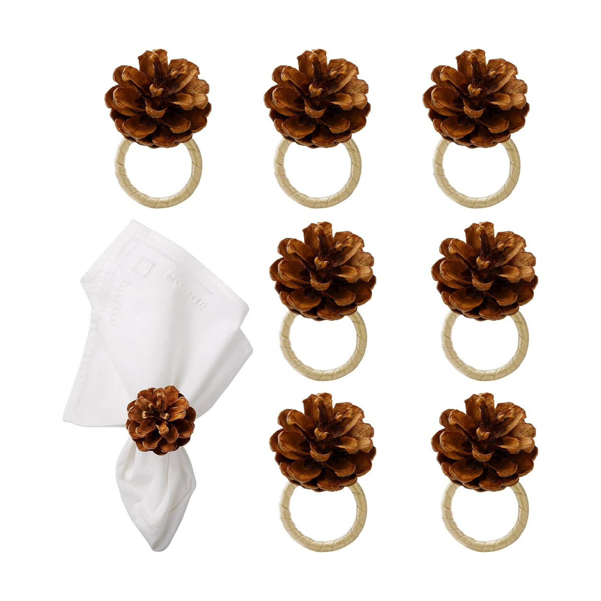 Christmas Napkin Rings Set of 8, Pinecone Napkin Rings, Handmade Cloth Napkin Holder with Cloth Buckles for Christmas/Thanksgiving/Wedding Party Dinner Table Decoration