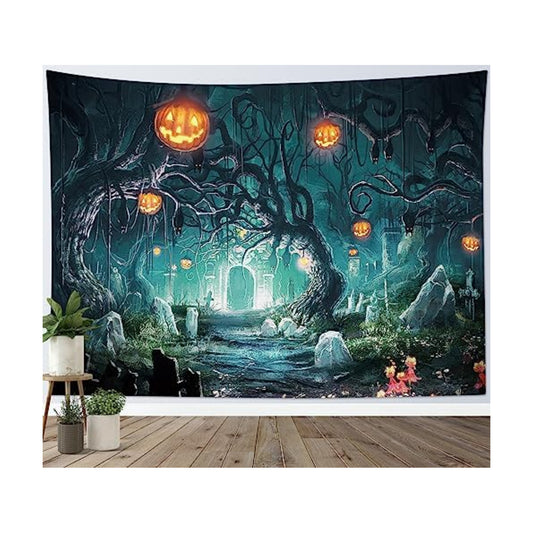 HVEST Halloween Tapestry Pumpkin and Black Bat in Scary Graveyard Forest Wall Art for Bedroom, Horror Halloween Night Tapestry Wall Hanging for Living Room Dorm Holiday Wall Decor, 60W X 40L inches