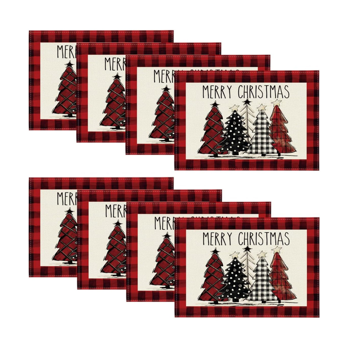 Artoid Mode Red and Black Buffalo Plaid Christmas Trees Placemats Set of 8, 12x18 Inch Winter Table Mats for Outdoor Home Party Kitchen Dining Decor