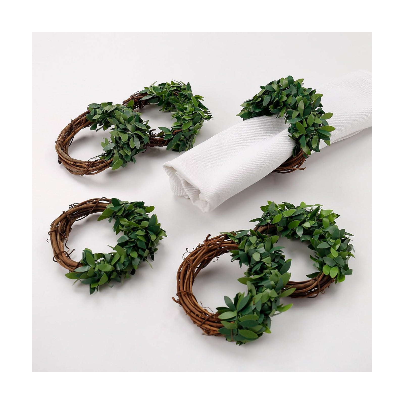 Spring Wreath Farmhouse Napkin Rings Greenery Napkin Holders Rattan / Green Leaves / Set of 6