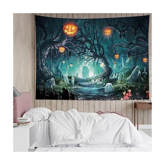 HVEST Halloween Tapestry Pumpkin and Black Bat in Scary Graveyard Forest Wall Art for Bedroom, Horror Halloween Night Tapestry Wall Hanging for Living Room Dorm Holiday Wall Decor, 59W x 51L inches