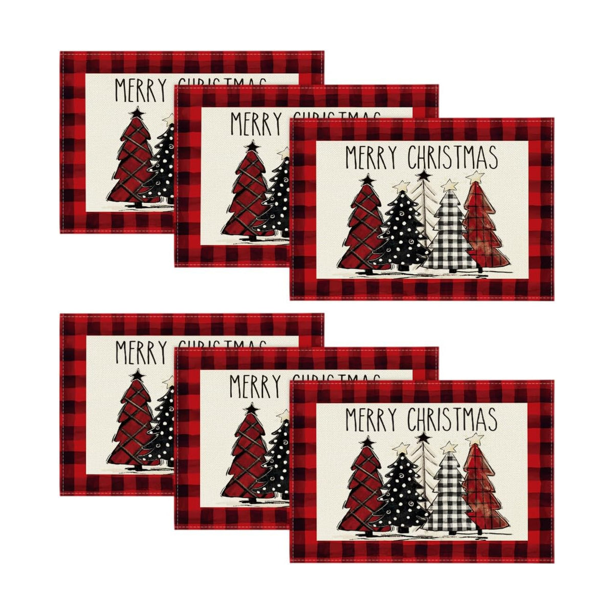 Artoid Mode Red and Black Buffalo Plaid Christmas Trees Placemats Set of 6, 12x18 Inch Winter Table Mats for Outdoor Home Party Kitchen Dining Decor