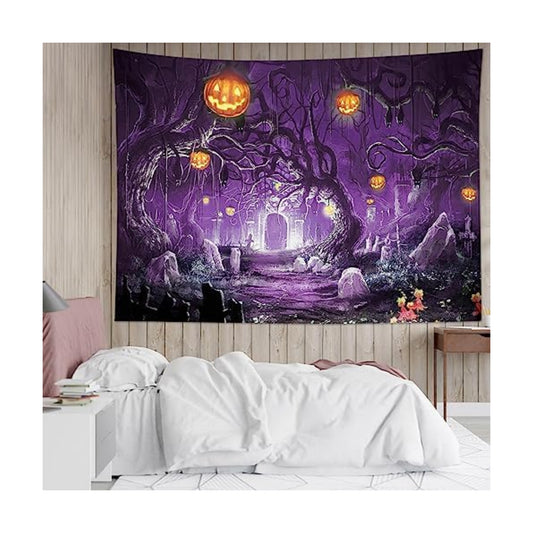 HVEST Halloween Tapestry Pumpkin and Black Bat in Scary Forest Tapestry for Bedroom, Horror Purple Halloween Night Tapestries Wall Hanging for Living Room Dorm Holiday Wall Decor, 59W x 51H inches
