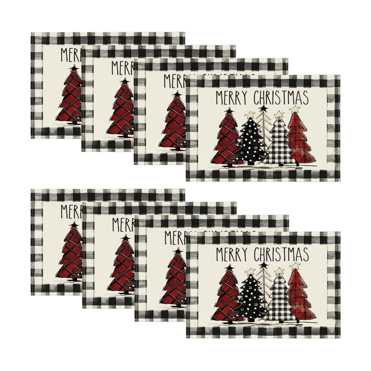 Artoid Mode Waterclor Buffalo Plaid Christmas Trees Placemats Set of 8, 12x18 Inch Winter Table Mats for Outdoor Home Party Kitchen Dining Decor