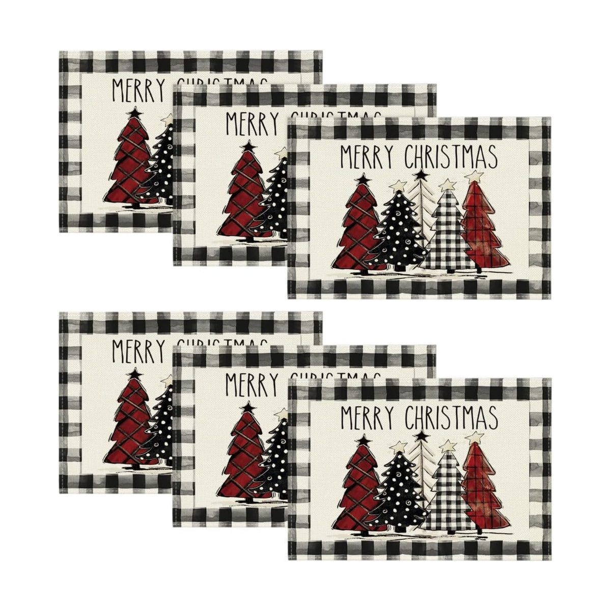 Artoid Mode Waterclor Buffalo Plaid Christmas Trees Placemats Set of 6, 12x18 Inch Winter Table Mats for Outdoor Home Party Kitchen Dining Decor