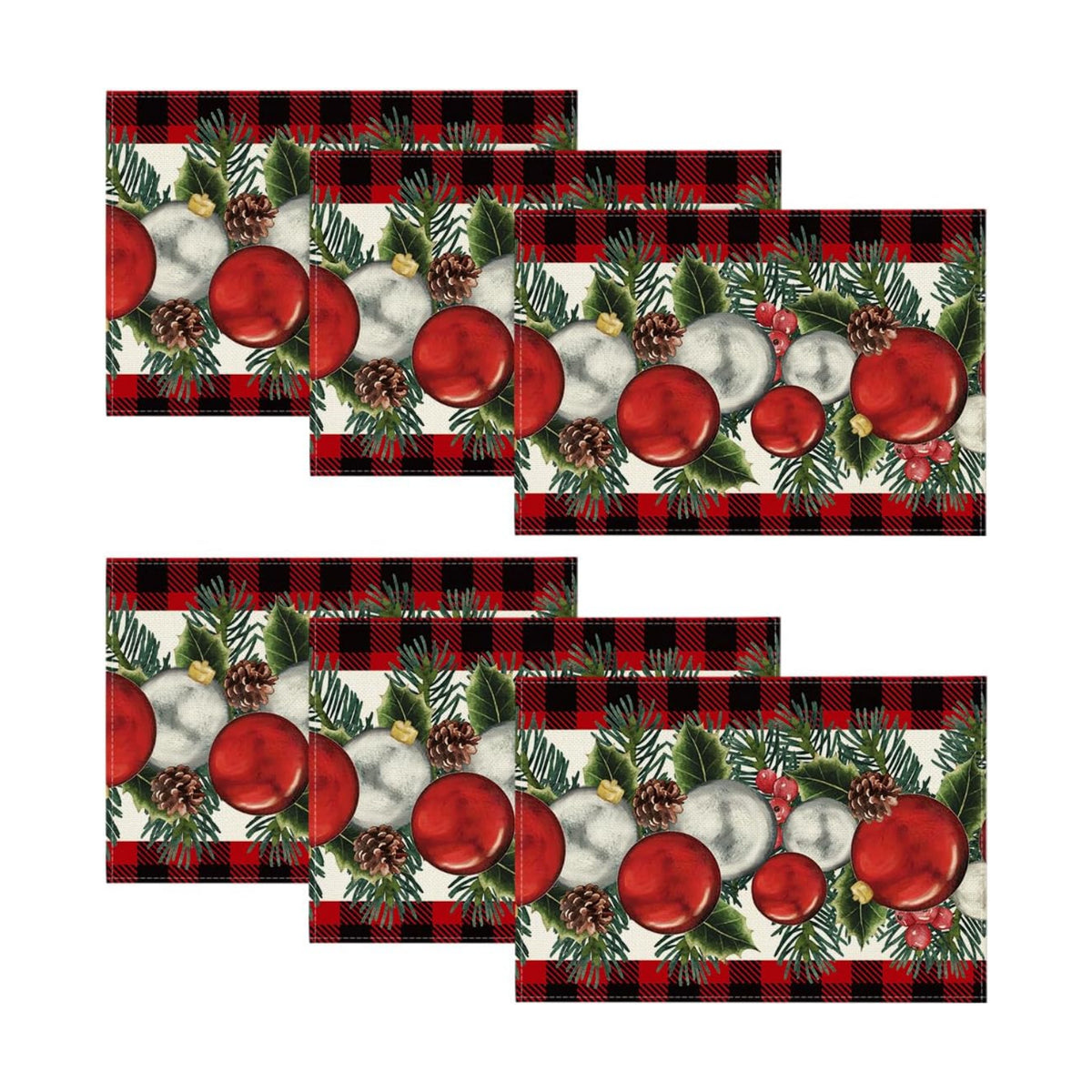 Artoid Mode Buffalo Plaid Holly Pine Cones Christmas Balls Placemats Set of 6, 12x18 Inch Seasonal Winter Table Mats for Party Kitchen Dining Decor