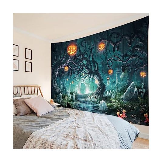HVEST Halloween Tapestry for Bedroom, Orange Pumpkin Black Bat in Scary Forest Tapestry Wall Hanging Horror Halloween Wall Art for Living Room College Dorm Party Decor Backdrop, 92.5W X 70.9H inches
