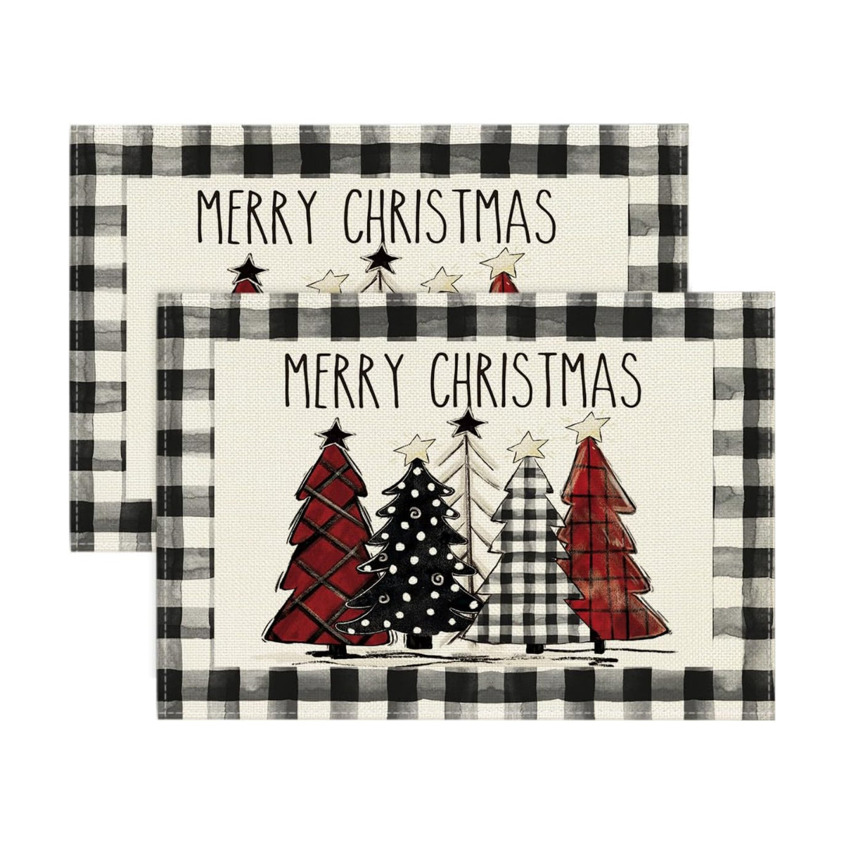 Artoid Mode Waterclor Buffalo Plaid Christmas Trees Placemats Set of 2, 12x18 Inch Winter Table Mats for Outdoor Home Party Kitchen Dining Decor