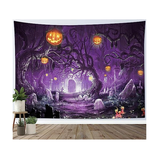 HVEST Halloween Tapestry Wall Hanging Pumpkin and Black Bat in Scary Forest Tapestry for Bedroom, Horror Purple Halloween Night Wall Art for Living Room Dorm Holiday Wall Decor, 60W X 40H inches