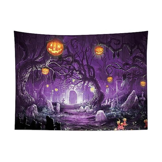HVEST Halloween Tapestry Pumpkin and Black Bat in Scary Forest Tapestry for Bedroom, Horror Purple Halloween Night Tapestries Wall Hanging for Living Room Dorm Holiday Wall Decor, 80W X 60H inches