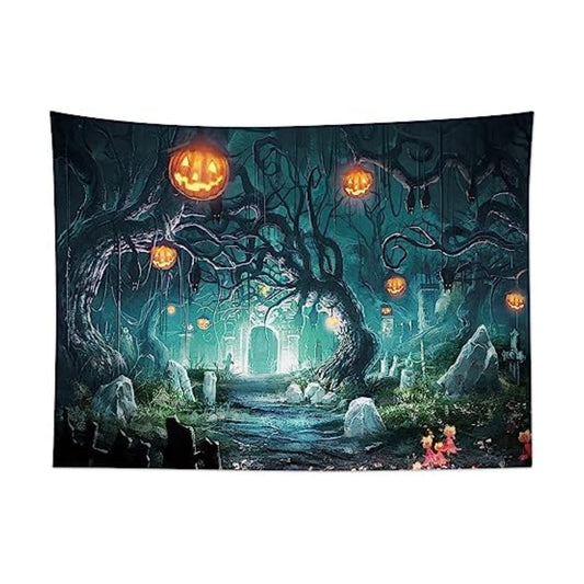 HVEST Halloween Tapestry Pumpkin and Black Bat in Scary Graveyard Forest Wall Art for Bedroom, Horror Halloween Night Tapestry Wall Hanging for Living Room Dorm Holiday Wall Decor, 80W X 60L inches