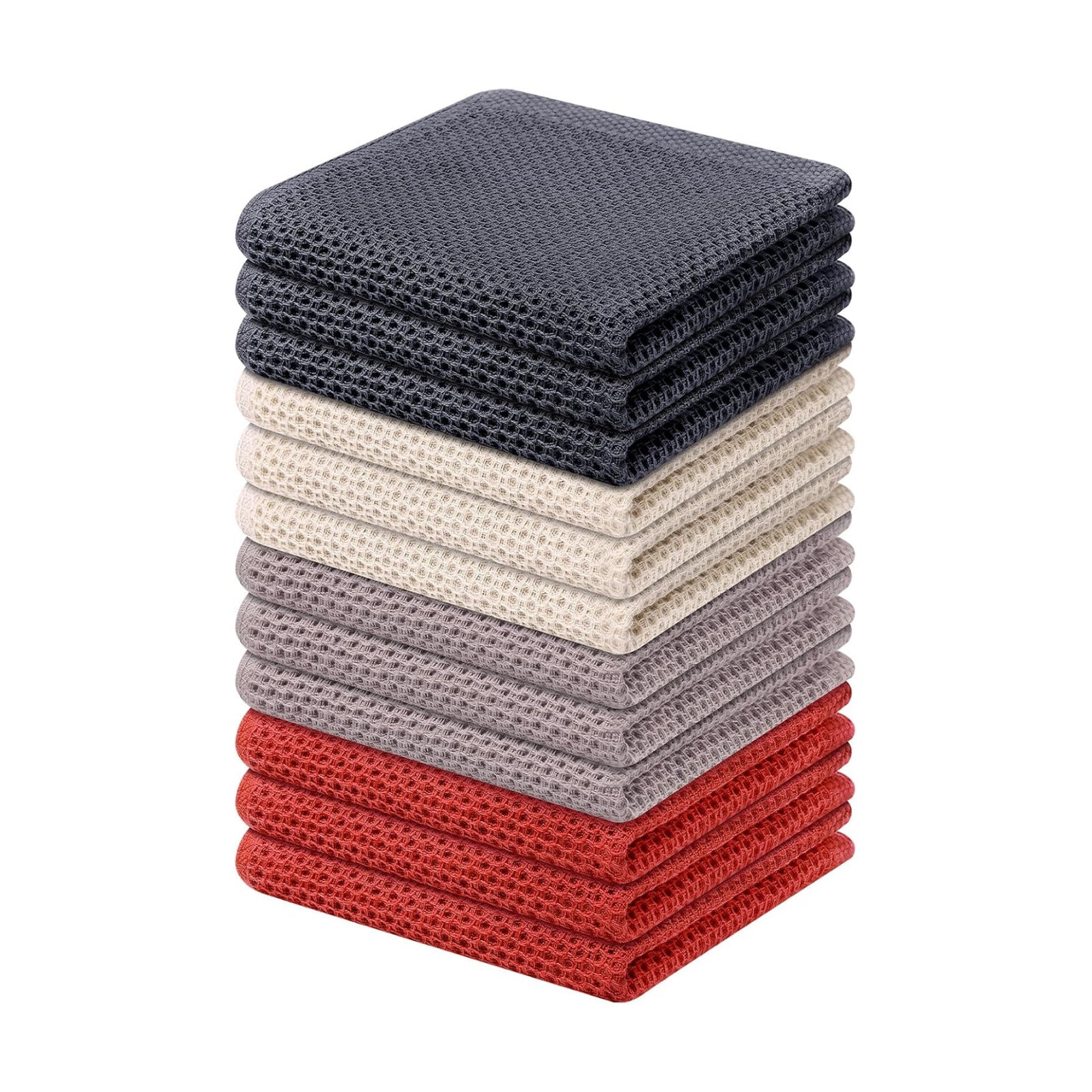 Kitinjoy 100% Cotton Waffle 12-Pack Kitchen Towels, 12" x 12", Multicolor | Ultra Absorbent, Super Soft, lightweight