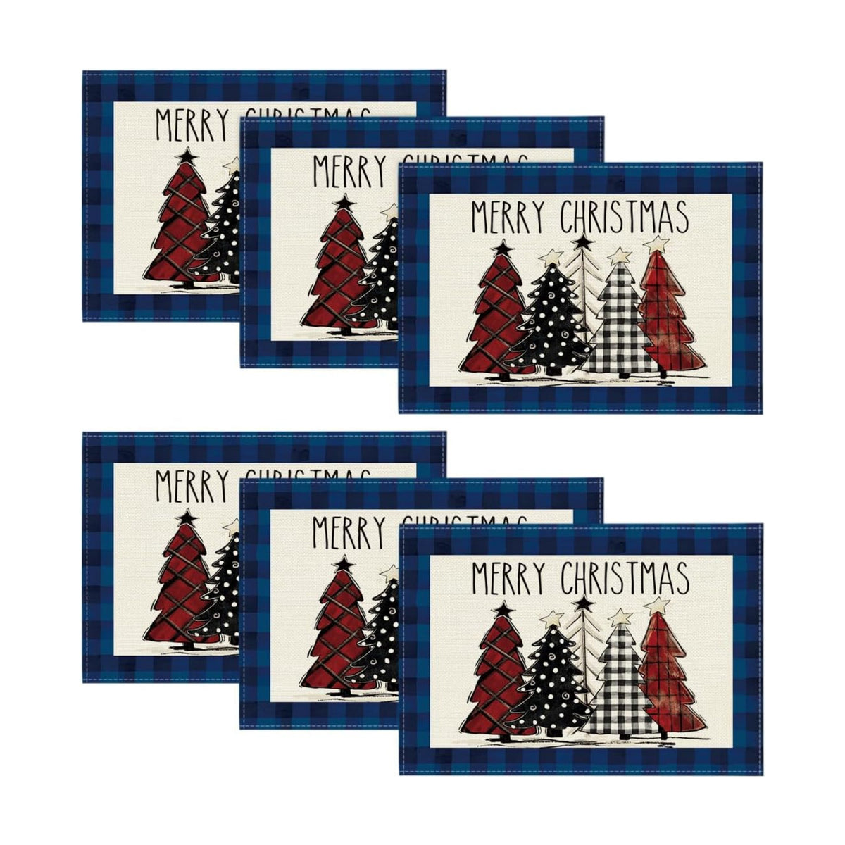 Artoid Mode Blue Waterclor Buffalo Plaid Christmas Trees Placemats Set of 6, 12x18 Inch Winter Table Mats for Outdoor Home Party Kitchen Dining Decor