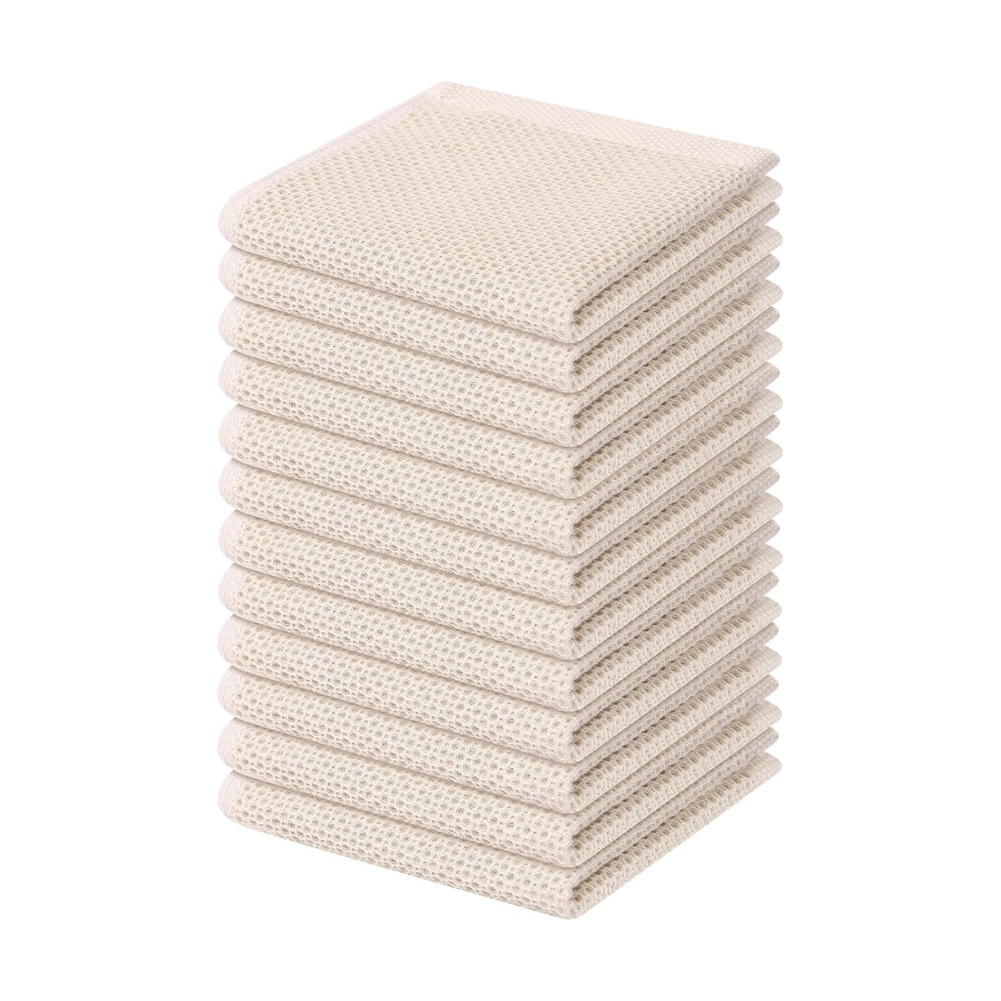 Kitinjoy 100% Cotton Waffle 12-Pack Kitchen Towels, 12" x 12", Beige | Ultra Absorbent, Super Soft, lightweight, Quick