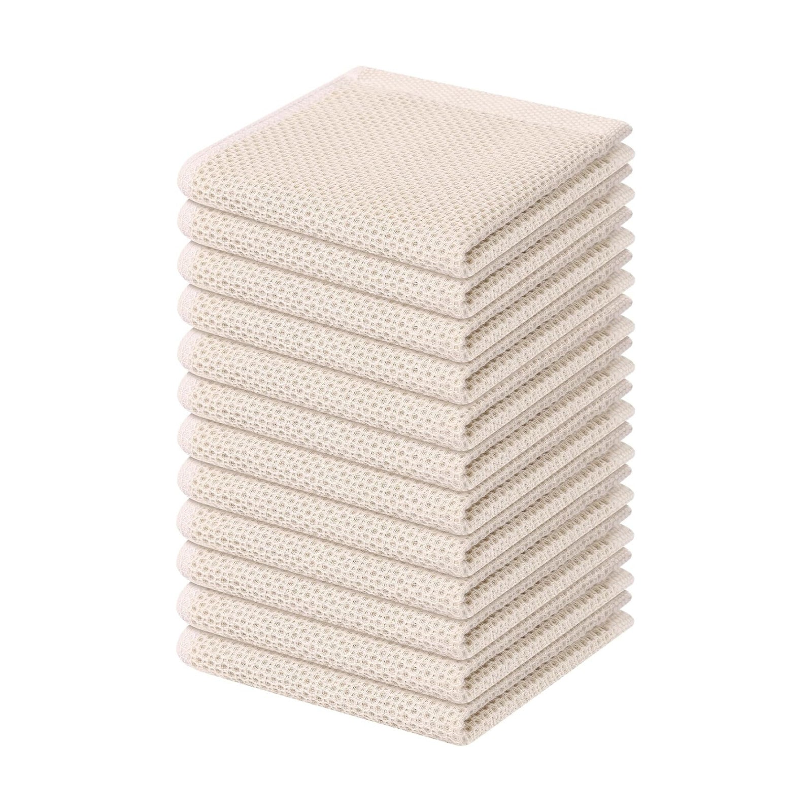 Kitinjoy 100% Cotton Waffle 12-Pack Kitchen Towels, 12" x 12", Beige | Ultra Absorbent, Super Soft, lightweight, Quick