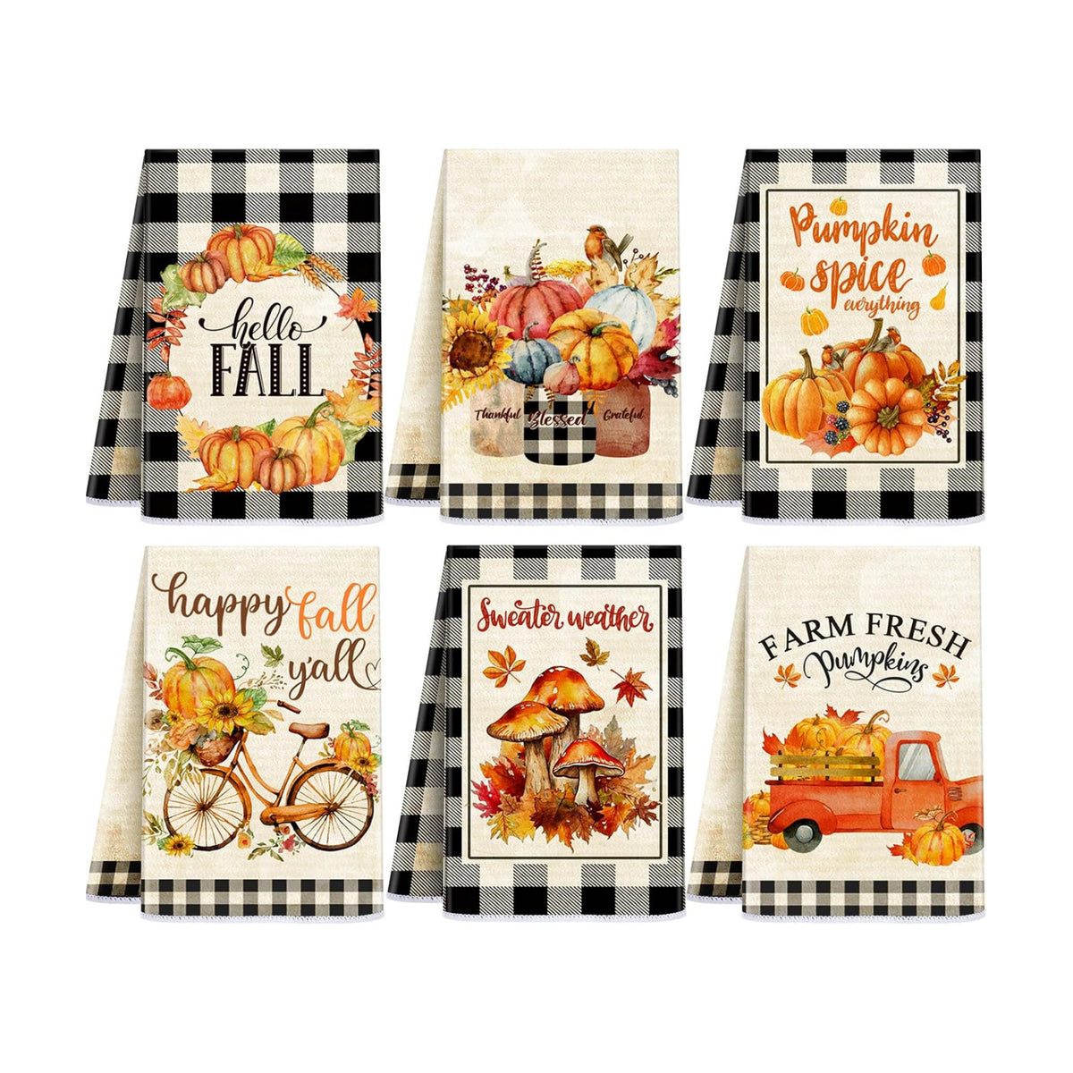 Ganeen 6 Pcs Fall Kitchen Dish Towels Buffalo Plaid Farmhouse Adorable