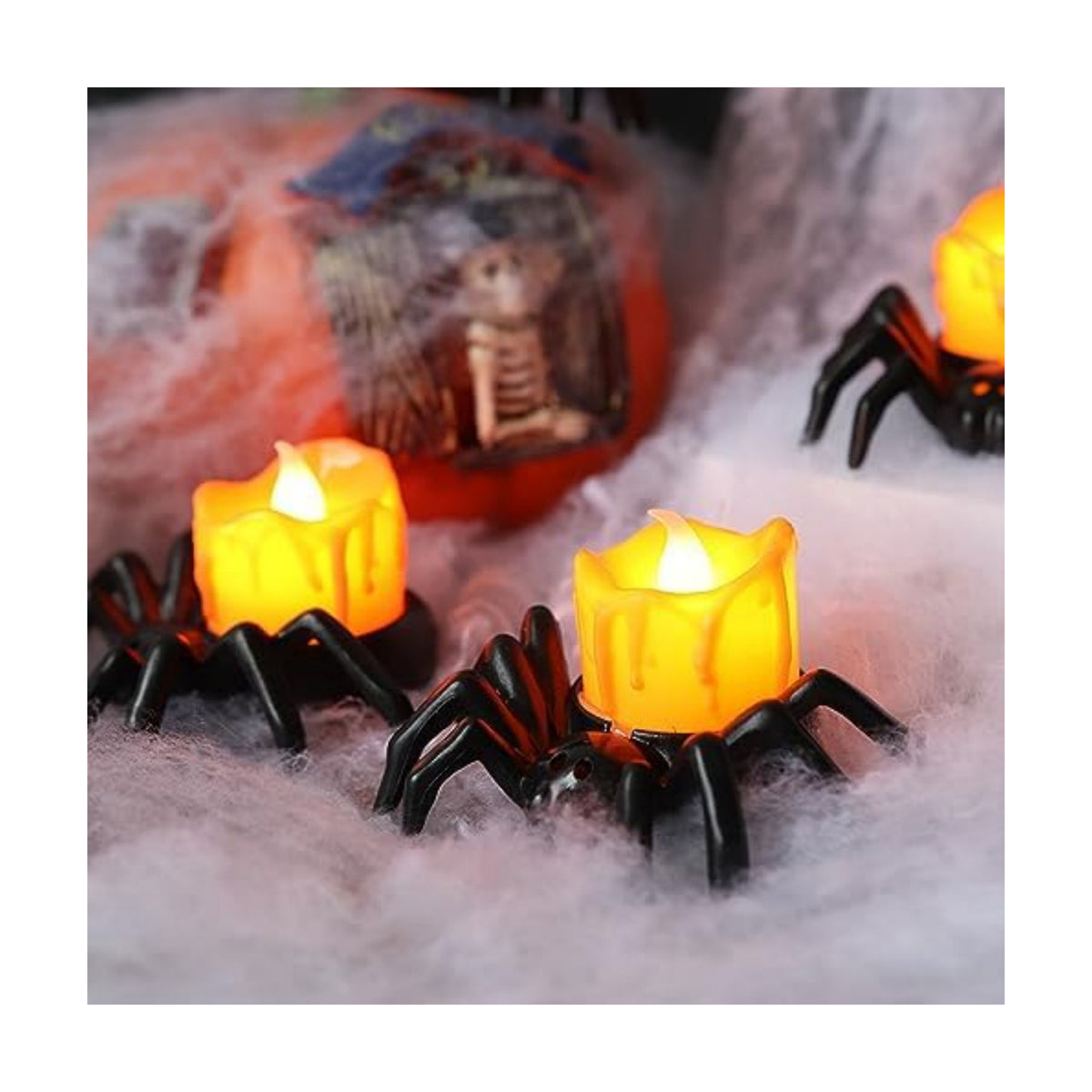 YBB 12 Pcs Halloween Spider Tea Lights, Novelty LED Flameless Spider Candle Holder Battery Operated Orange Tea Lamps for Halloween Party Table Home Spooky Decor