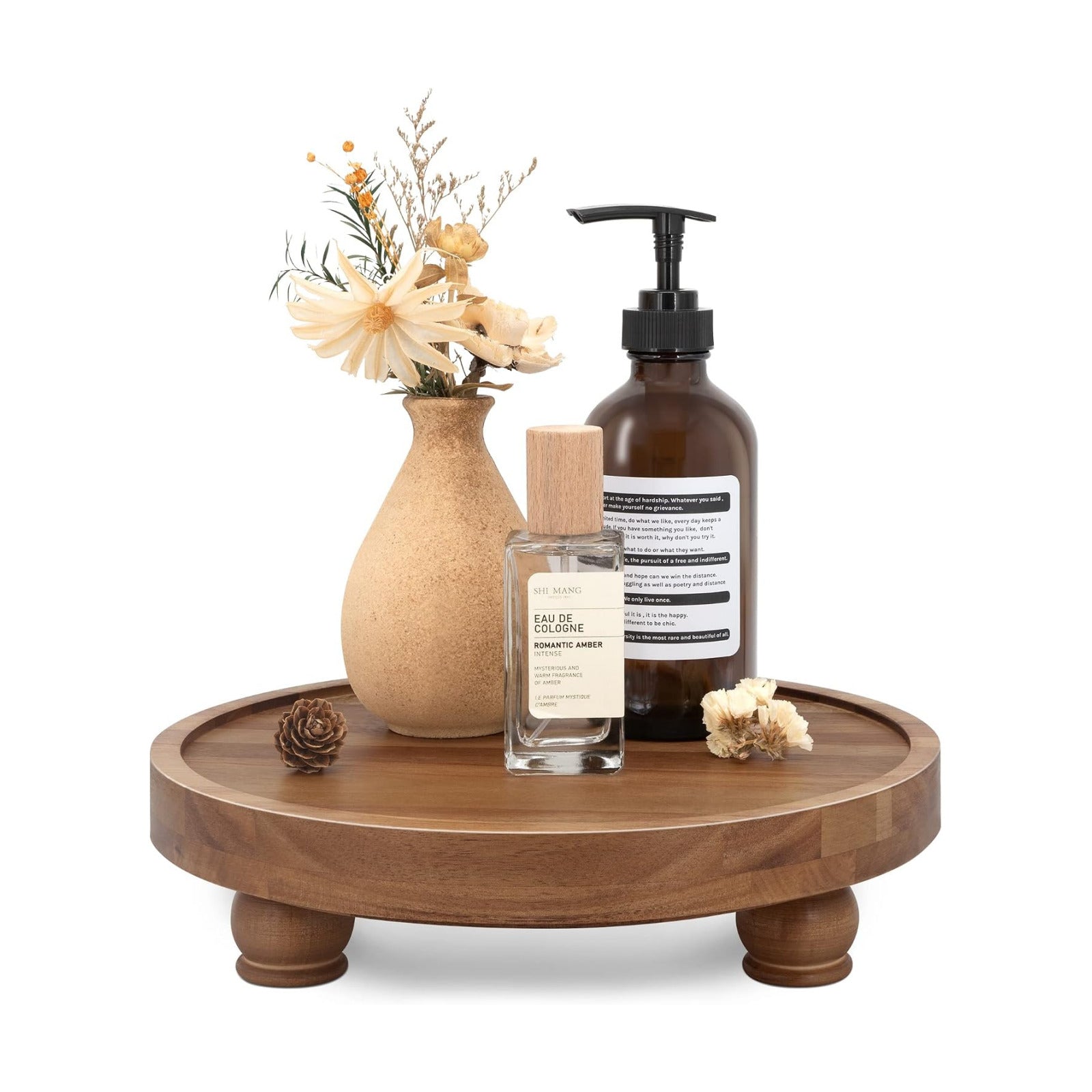 EOSAHR Acacia Wood Display Riser: Pedestal Stand for Bathroom Decor, Brown | 10" Round Display Stand, Rich Wood Grain