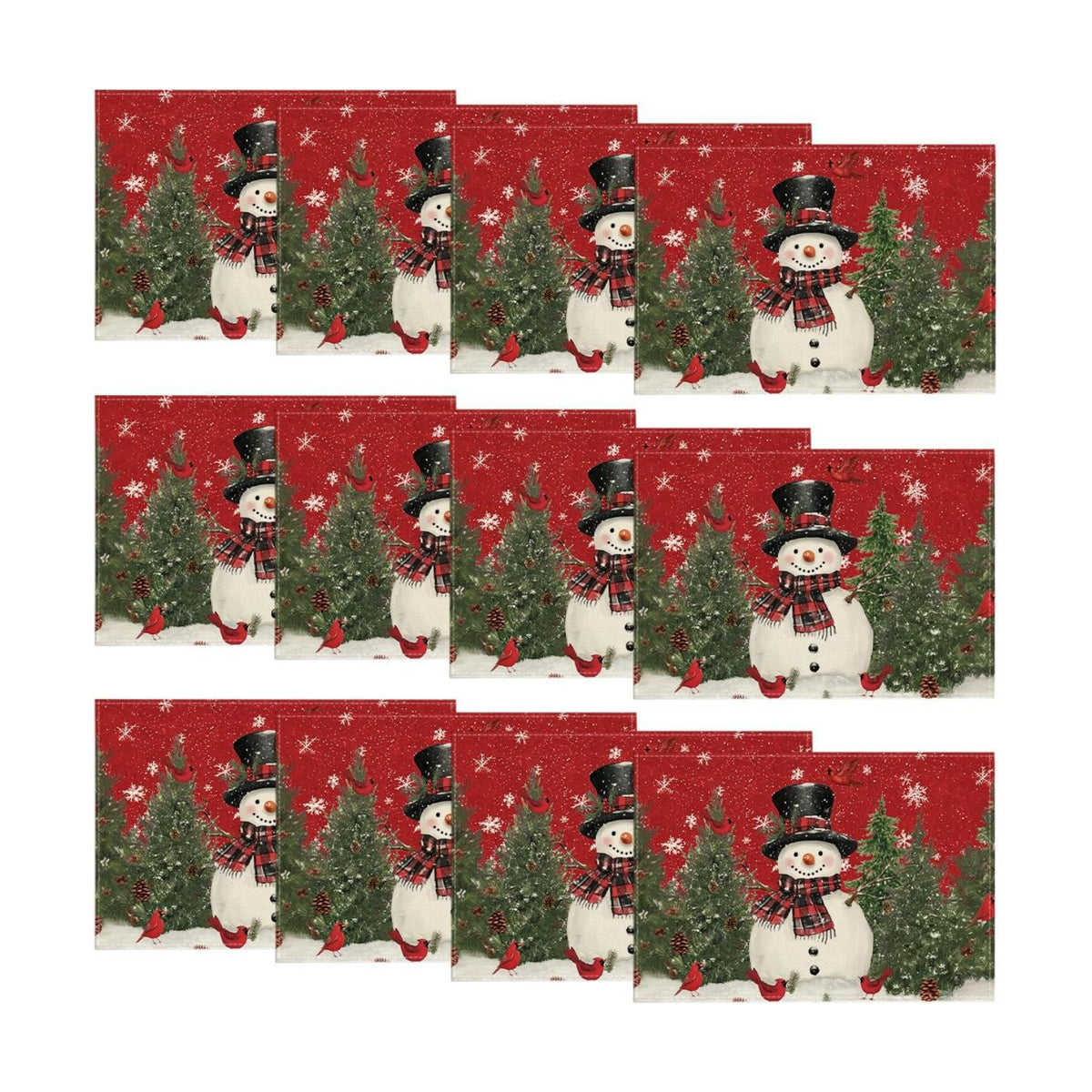 Artoid Mode Red Snowman Trees Bird Christmas Placemats Set of 12, 12x18 Inch Seasonal Winter Table Mats for Party Kitchen Dining Decoration