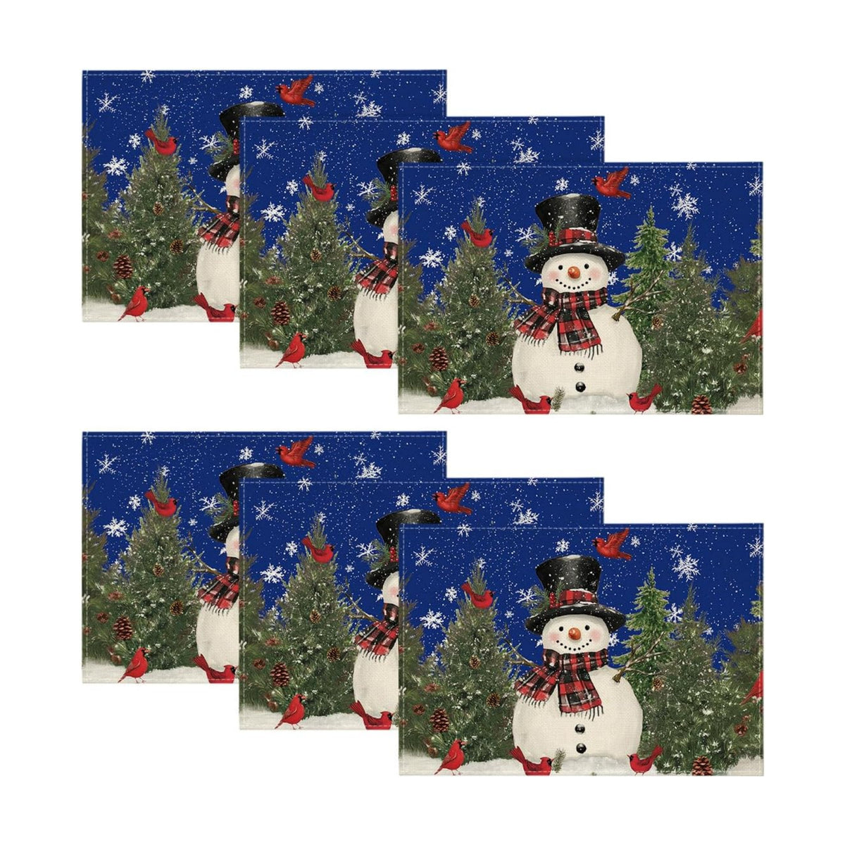 Artoid Mode Blue Snowman Trees Bird Christmas Placemats Set of 6, 12x18 Inch Seasonal Winter Table Mats for Party Kitchen Dining Decoration
