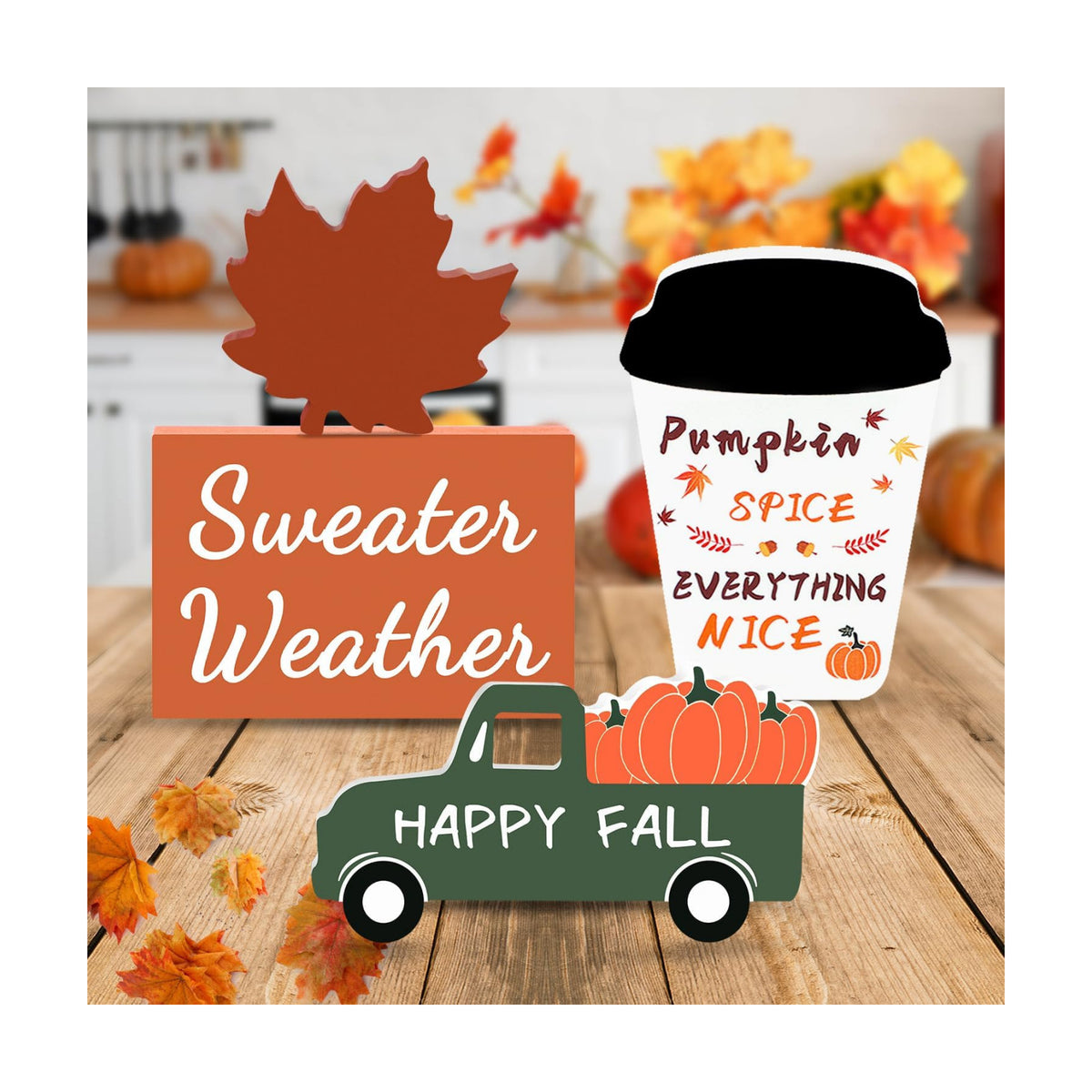 Fall Decor Fall Decorations for Home 4Pcs Wooden Coffee Cup Maple Leaf Car Sweater Weather Sign Farmhouse Table Tiered Tray Decor Thanksgiving Decorations