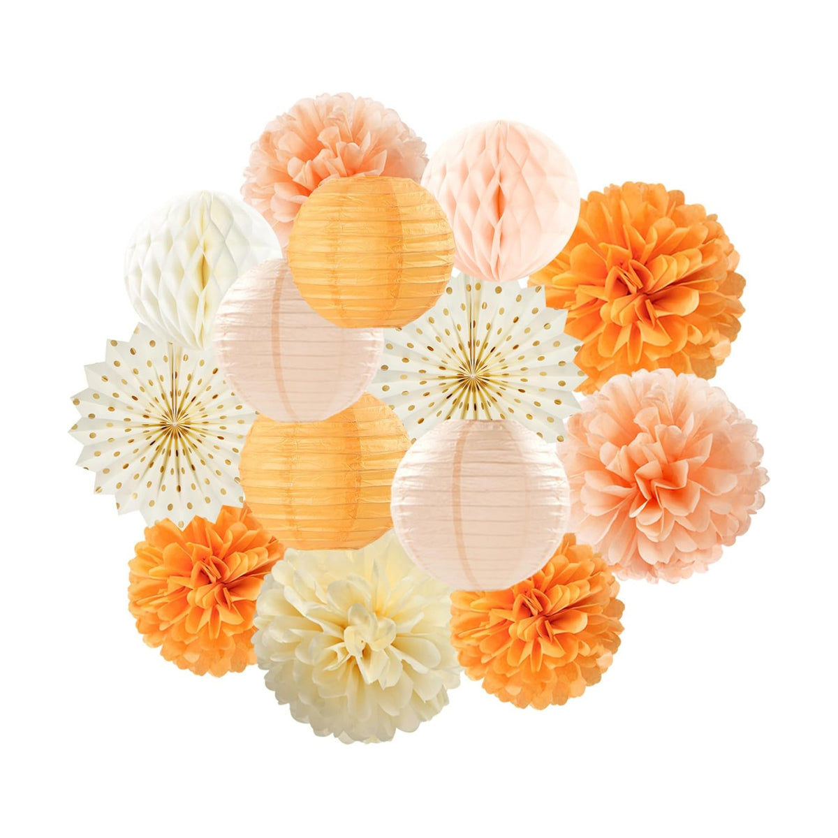 Beige-Orange Peach Fall Party-Decorations Paper-Lanterns- 14pcs Autumn Thanksgiving Harvest Birthday Boho Streamers Fan,Tissue Pom Poms, Baby Bridal Shower Wedding Engagement Decor Lasting Surprise