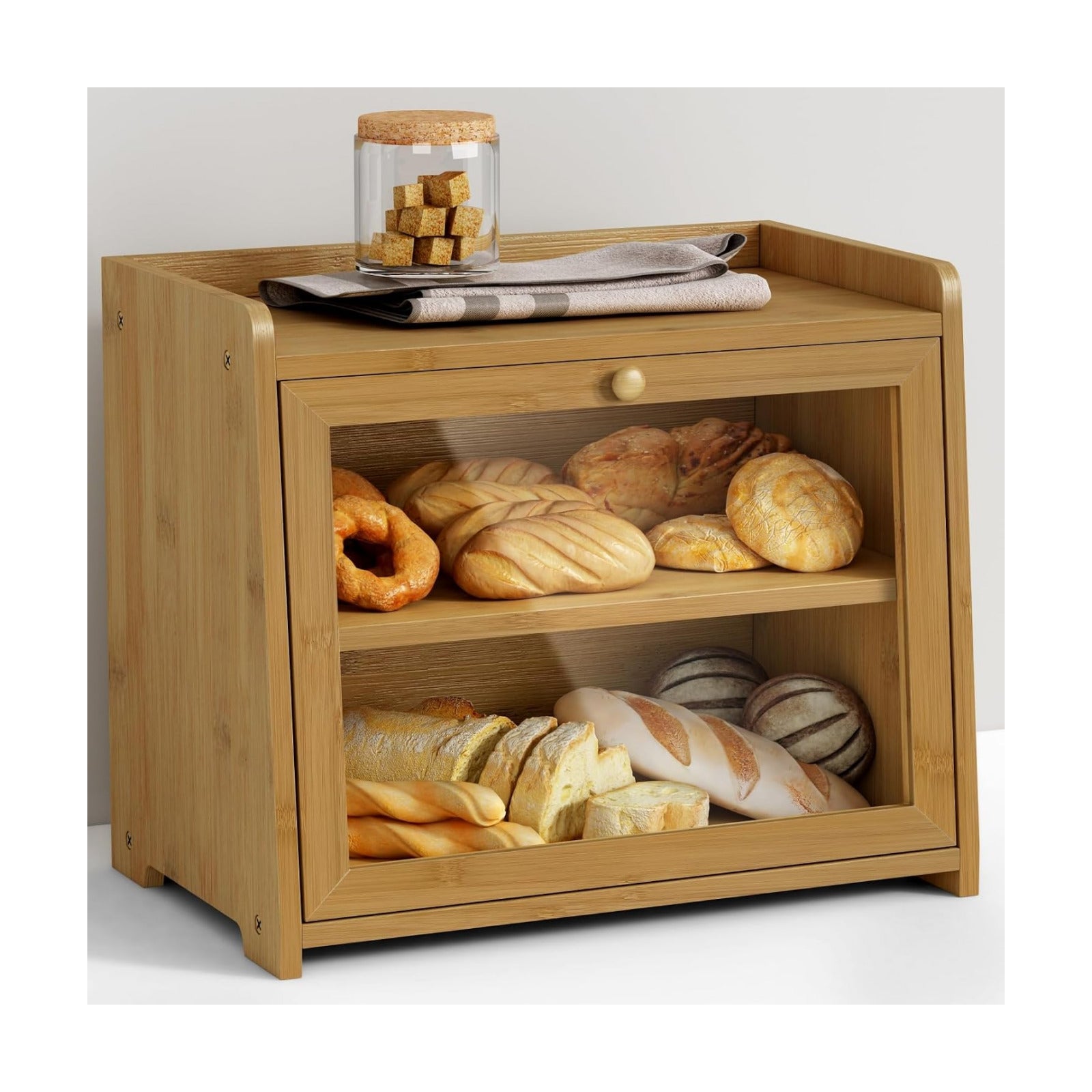 Goozii Bamboo Bread Box for Kitchen Countertop, Wooden Kitchen Counter Organizers and Storage for Bread, Coffee