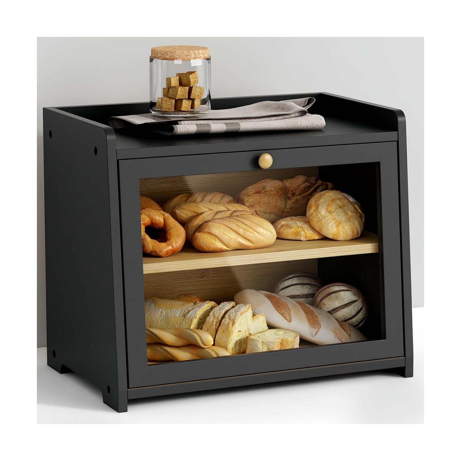 Goozii 2 Tier Bread Box for Kitchen Countertop Black, Double Layer Breadbox for Counter Top, Large Wood Vintage Bread