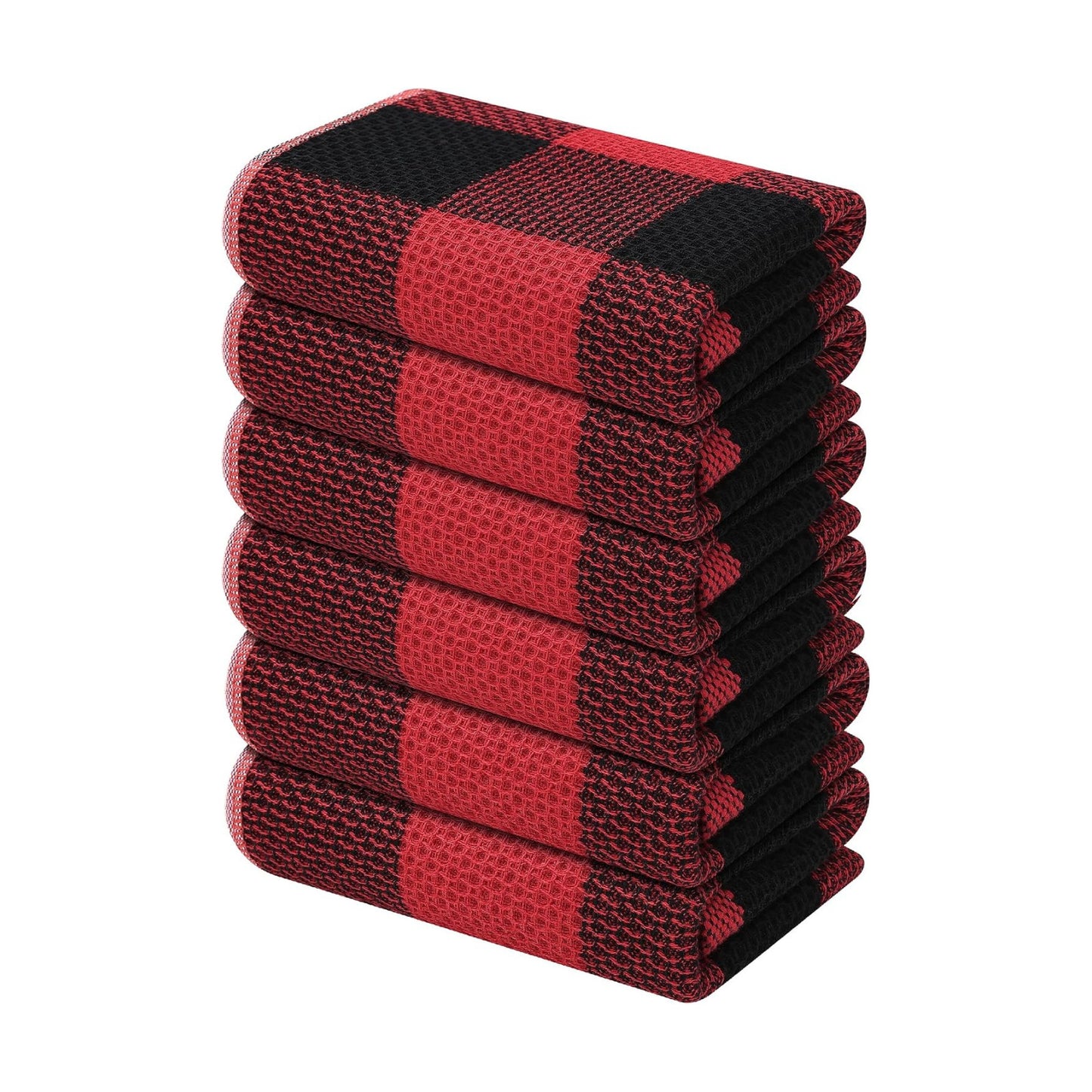 Mordimy Cotton Waffle Weave Kitchen Towels, 13"x 28", 6 Pack, Black & Red | Super Soft and Absorbent Buffalo Check