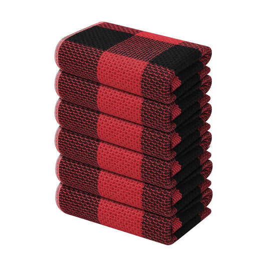Mordimy Cotton Waffle Weave Kitchen Towels, 13"x 28", 6 Pack, Black & Red | Super Soft and Absorbent Buffalo Check
