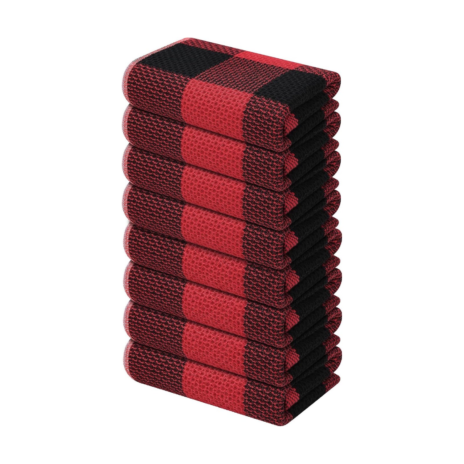 Mordimy Cotton Waffle Kitchen Towels, 13"x 28", 8 Pack, Black & Red | Super Soft and Absorbent Buffalo Check, Durable