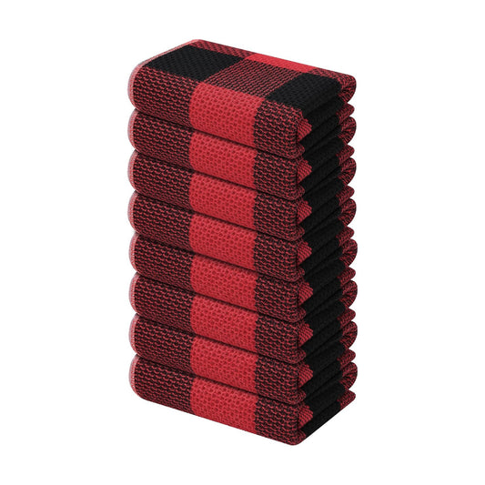 Mordimy Cotton Waffle Kitchen Towels, 13"x 28", 8 Pack, Black & Red | Super Soft and Absorbent Buffalo Check, Durable