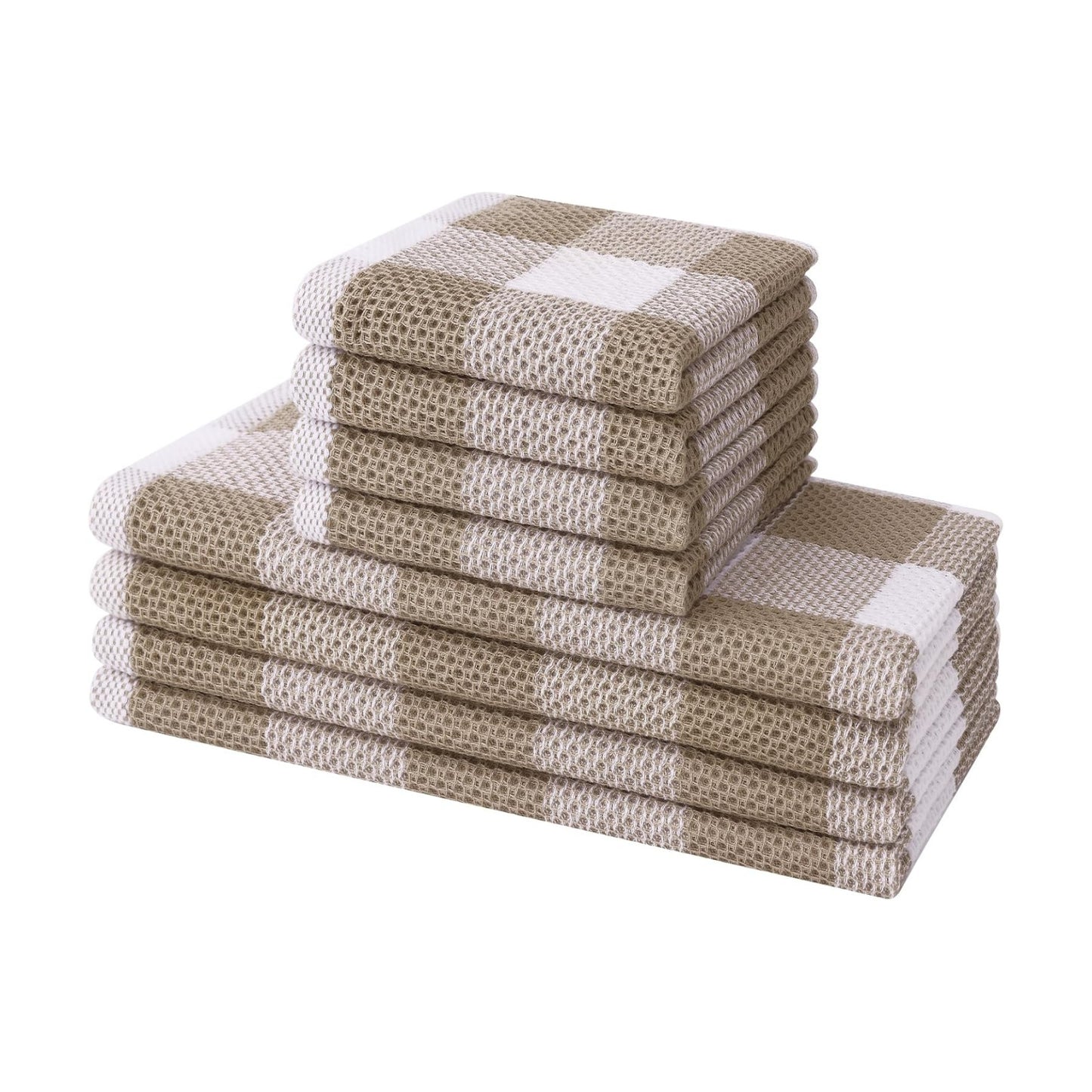 Mordimy 8 Pack Kitchen Towels and Dishcloths Set, Khaki & White | 28 X 13 Inch and 12 X 12 Inch, Super Soft