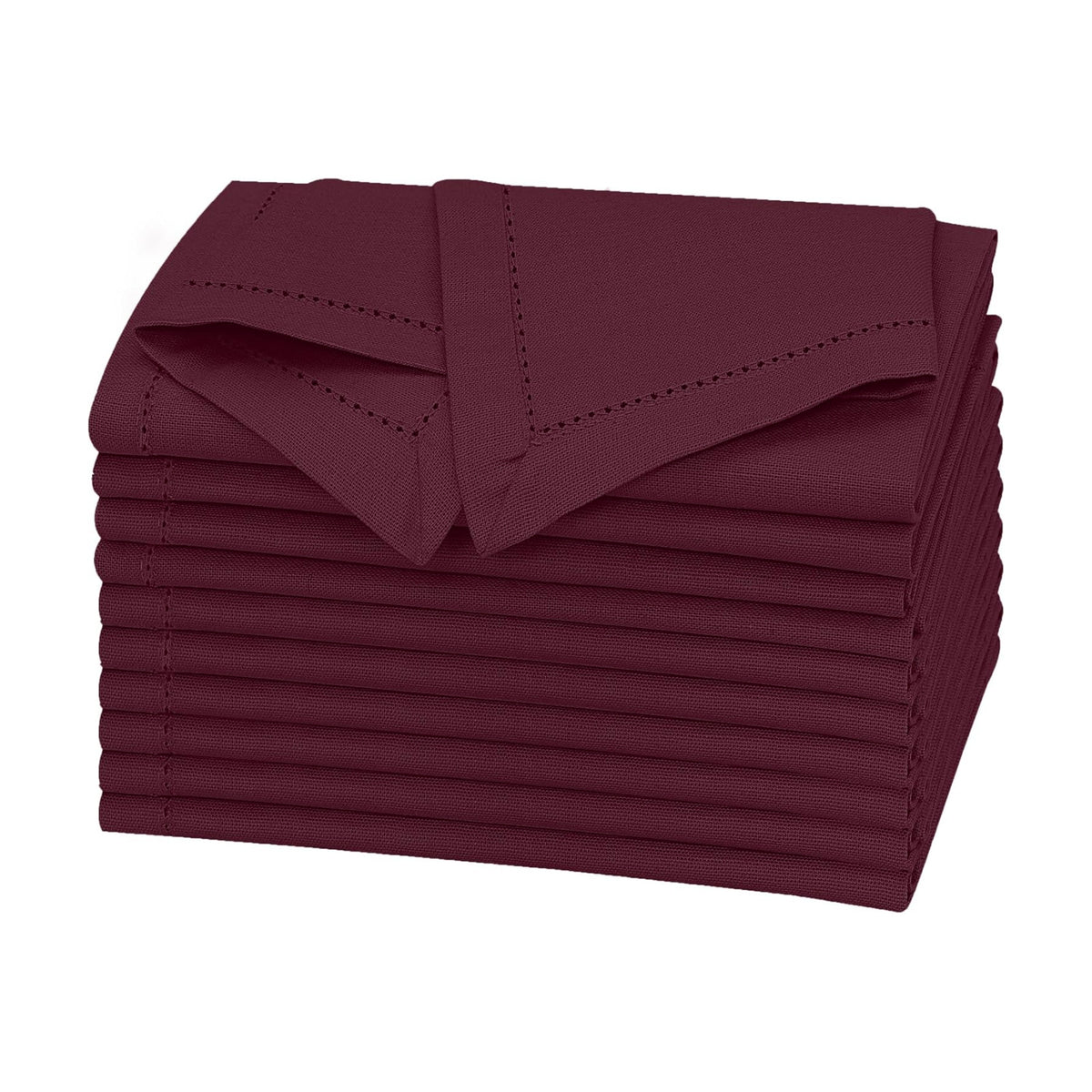 Ruvanti Premium Linen Napkins Set of 12-20x20 Inch, Classic Hemstitch, Mitered Corner Cloth Napkins ‎‎- Soft, Elegant Dinner Napkins Cloth Washable for Weddings, Parties, Everyday Use - Burgundy