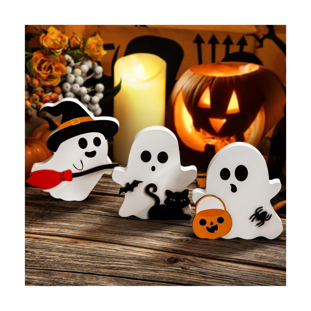 COCHIE 3 Cute Ghost Halloween Decorations Indoor Set Ghosts Table Sign
