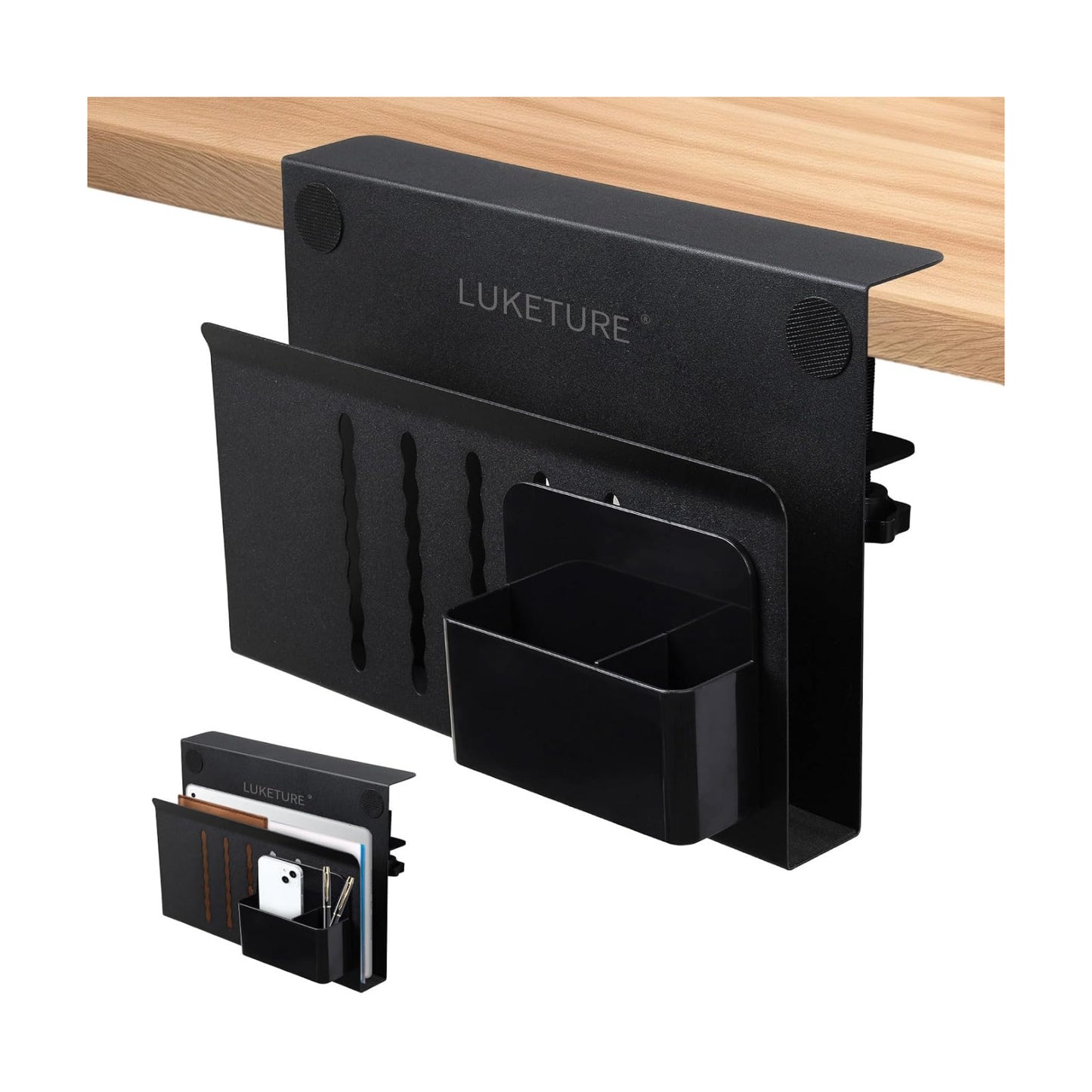 LUKETURE Desk Side Storage Laptop Holder No Drill Clamp On Organizer | Steel Side Desk Organizer, Clamp on Laptop Mount
