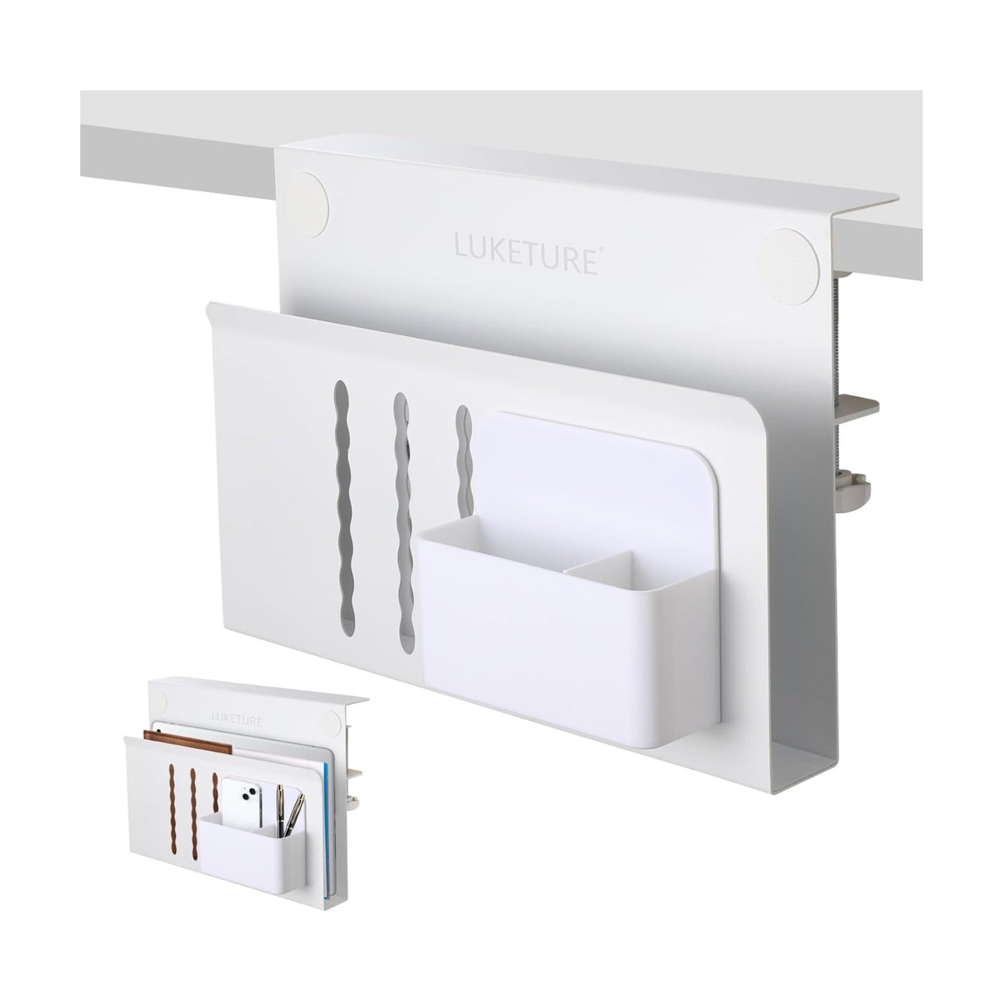 LUKETURE Desk Side Storage, Steel Side Desk Organizer, No Drill Laptop Holder, Clamp on Laptop Mount with Pen Holder