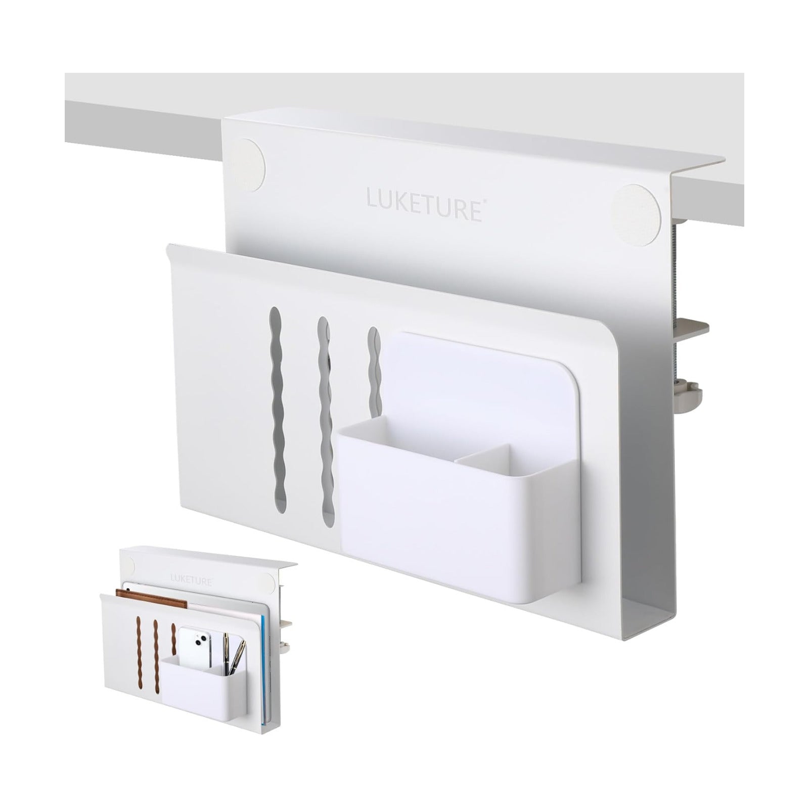 LUKETURE Desk Side Storage, Steel Side Desk Organizer, No Drill Laptop Holder, Clamp on Laptop Mount with Pen Holder