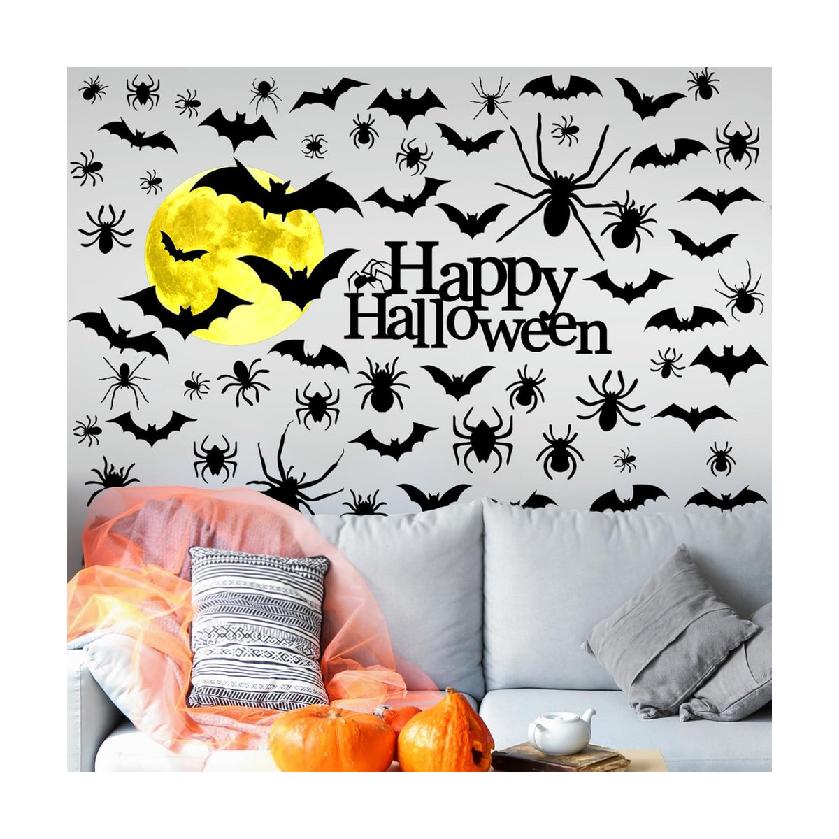 Qeeenar 76 Pcs Halloween Wall Decals Stickers Bats Wall Decor, 6 Sheets