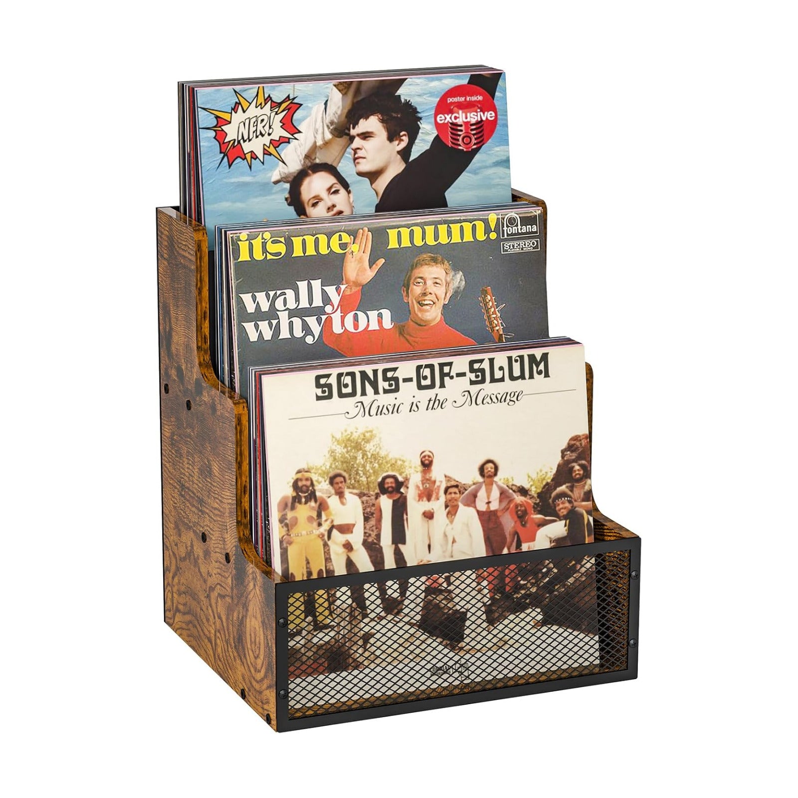3-Tier Vinyl Record Storage Crate, Holds 60+ LP Albums, Retro Wood & Metal | Stepped Vinyl Record Holder, Desktop Album