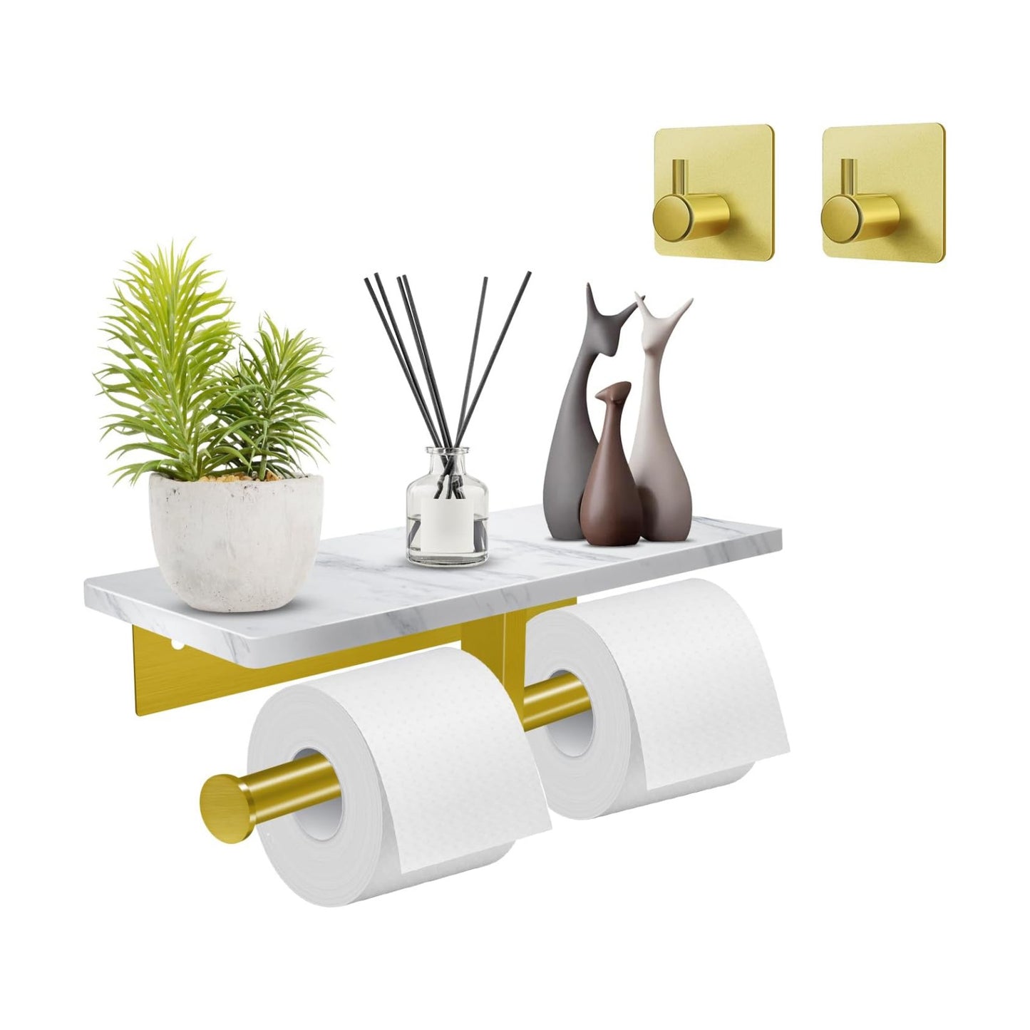 Toilet Paper Holder with Shelf, Double Toilet Paper Holder Wall Mount and 2PCS Free Adhesive Hooks for Bathroom