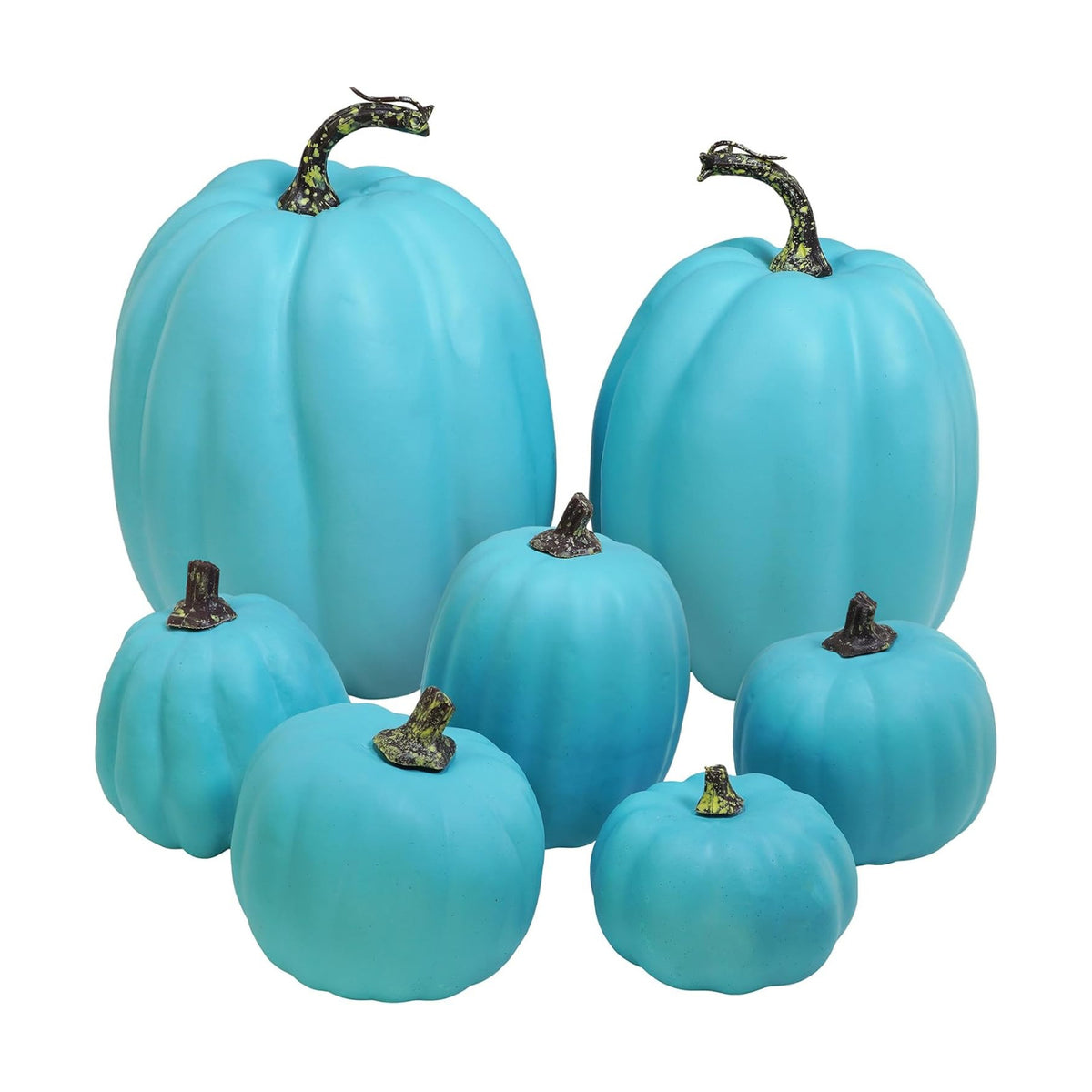 Winlyn 7 Pcs Assorted Artificial Teal Blue Pumpkins Halloween Faux Coastal Decorative Foam Pumpkins for Fall Baby Shower Thanksgiving Halloween Table Centerpiece Shelf Mantel Décor