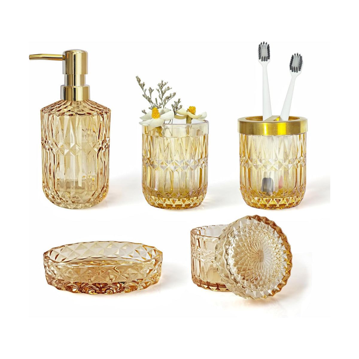 LaMarriti Clear Gold Bathroom Accessorries Set, 5Pcs Glass Bathroom Set | Soap Dispenser and Toothbrush Holder Set